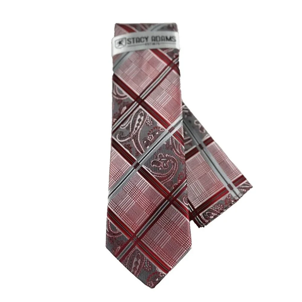 Stacy Adams Men's Tie & Hanky Set Red Silver Charcoal Gray Striped Paisley